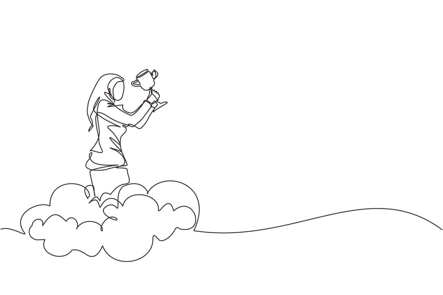 Single one line drawing Arabian businesswoman holding trophy in cloud. Showing award celebrate her victory in sky. Business success goal achievement. Winning competition. Continuous line design vector