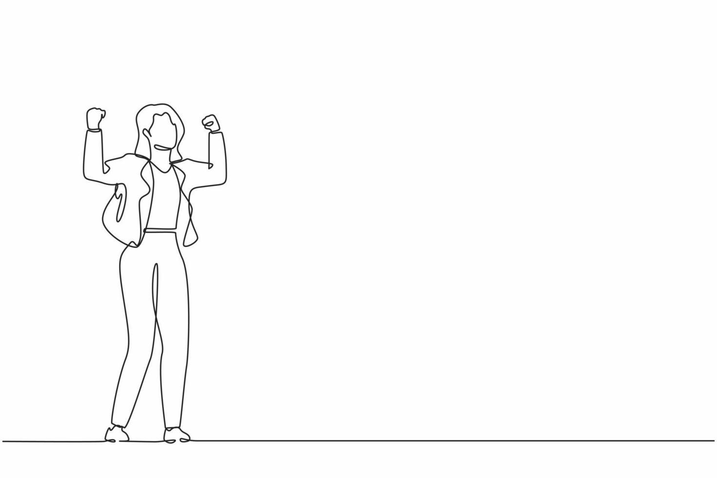 Continuous one line drawing happy businesswoman standing with raised her clenched hands. Female manager celebrating success of increasing company product sales. Single line draw design vector graphic