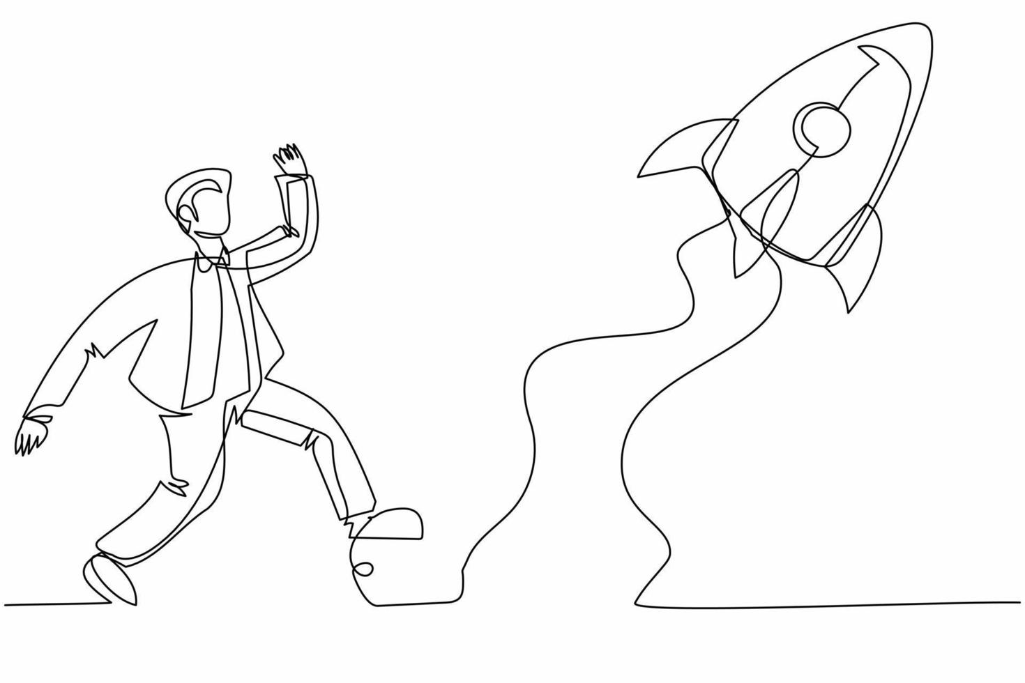 Single continuous line drawing businessman run chasing try to catch flying rocket. Concept of competitive, advantage, growth, marketing. Business metaphor. One line graphic design vector illustration