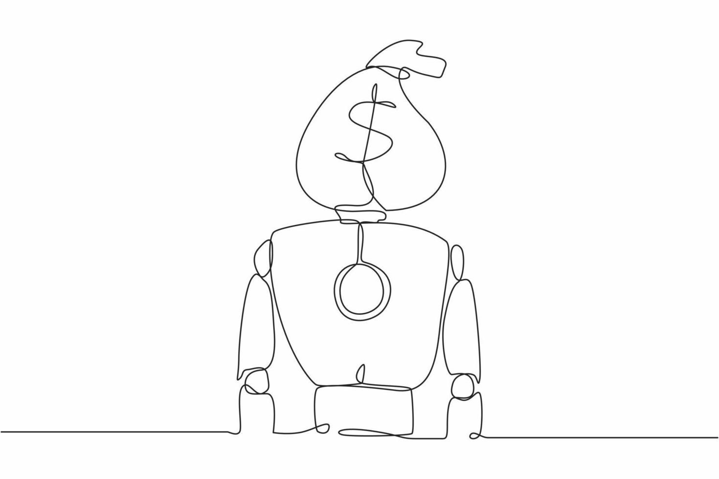 Single one line drawing robot with money bag instead of head. Future technology development. Artificial intelligence and machine learning process. Continuous line design graphic vector illustration