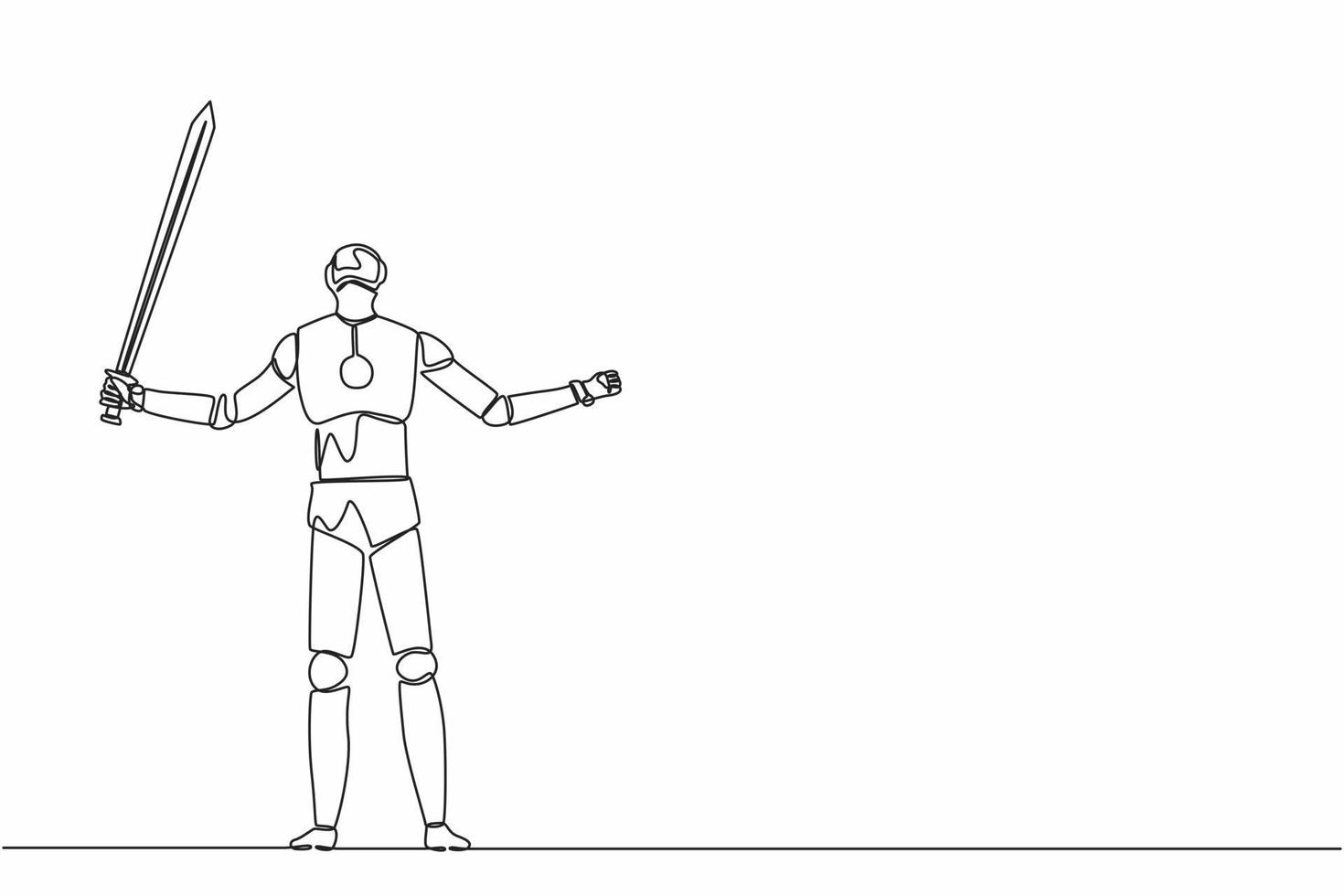 Continuous one line drawing robots standing and lifting up big sword. Humanoid robot cybernetic organism. Future robotics development concept. Single line draw design vector graphic illustration