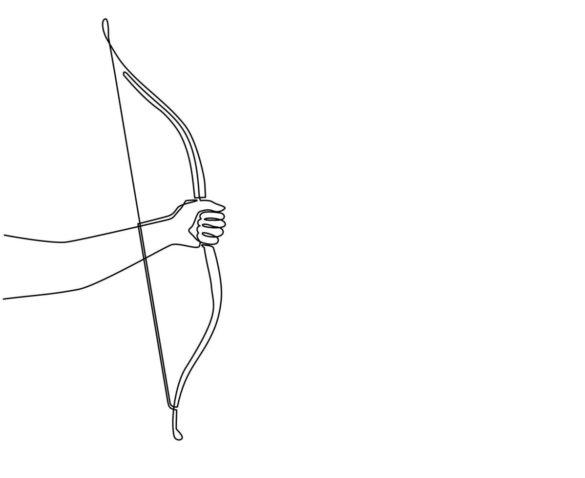 Single continuous line drawing hand holding wooden bow symbol. Traditional wooden bow archery sport. Archery equipment with arrow isolated. Dynamic one line draw graphic design vector illustration