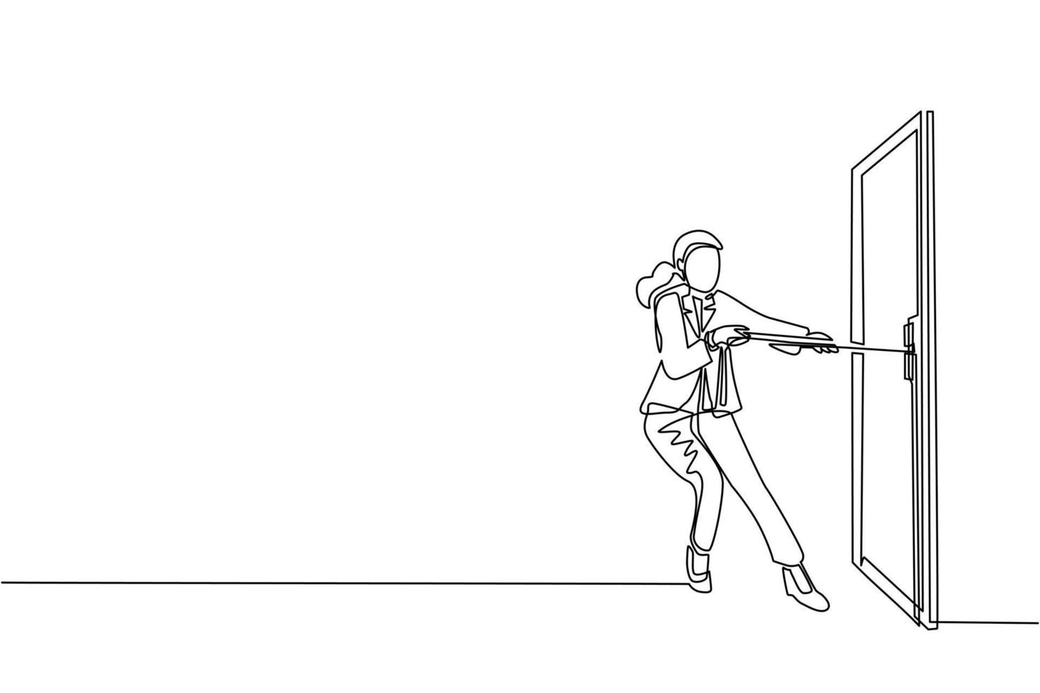 Single continuous line drawing businesswoman pulling rope to drag door, metaphor to facing big problem. Business struggles. Strength for success. Dynamic one line graphic design vector illustration