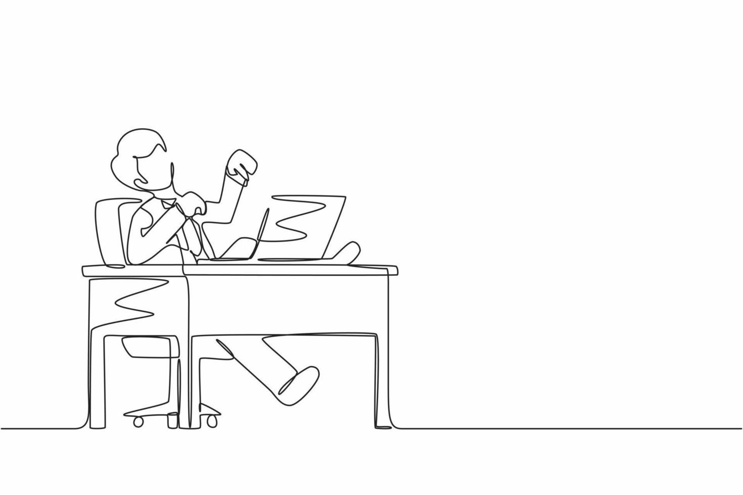 Continuous one line drawing man manager laughing out loud while pointing his finger at laptop. Happiness, business success, win, leader, development concept. Single line draw design vector graphic