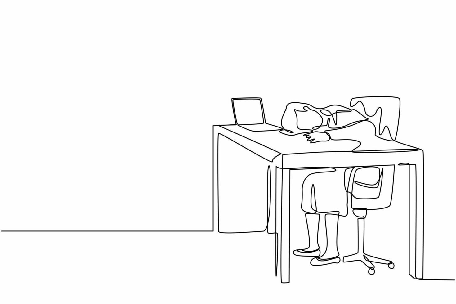 dibujo de una sola línea continua agotada, enferma y cansada gerente femenina en la oficina triste y aburrida sentada con la cabeza hacia abajo en la computadora portátil. problemas de salud mental de los trabajadores frustrados. vector de diseño gráfico de dibujo de una línea