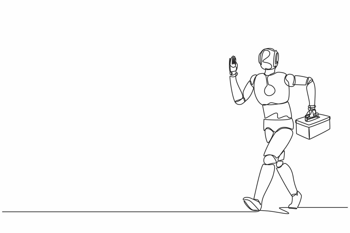 Continuous one line drawing robot mechanic repairman worker with tool box is running. Technical service. Humanoid robot cybernetic organism. Future robotic. Single line draw design vector illustration