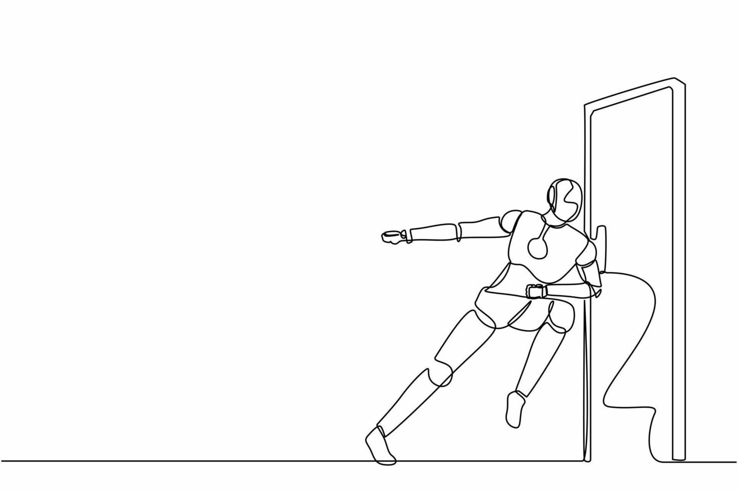 Single continuous line drawing robots running wants to break down the door. Modern robotics artificial intelligence technology. Electronic technology industry. One line draw design vector illustration