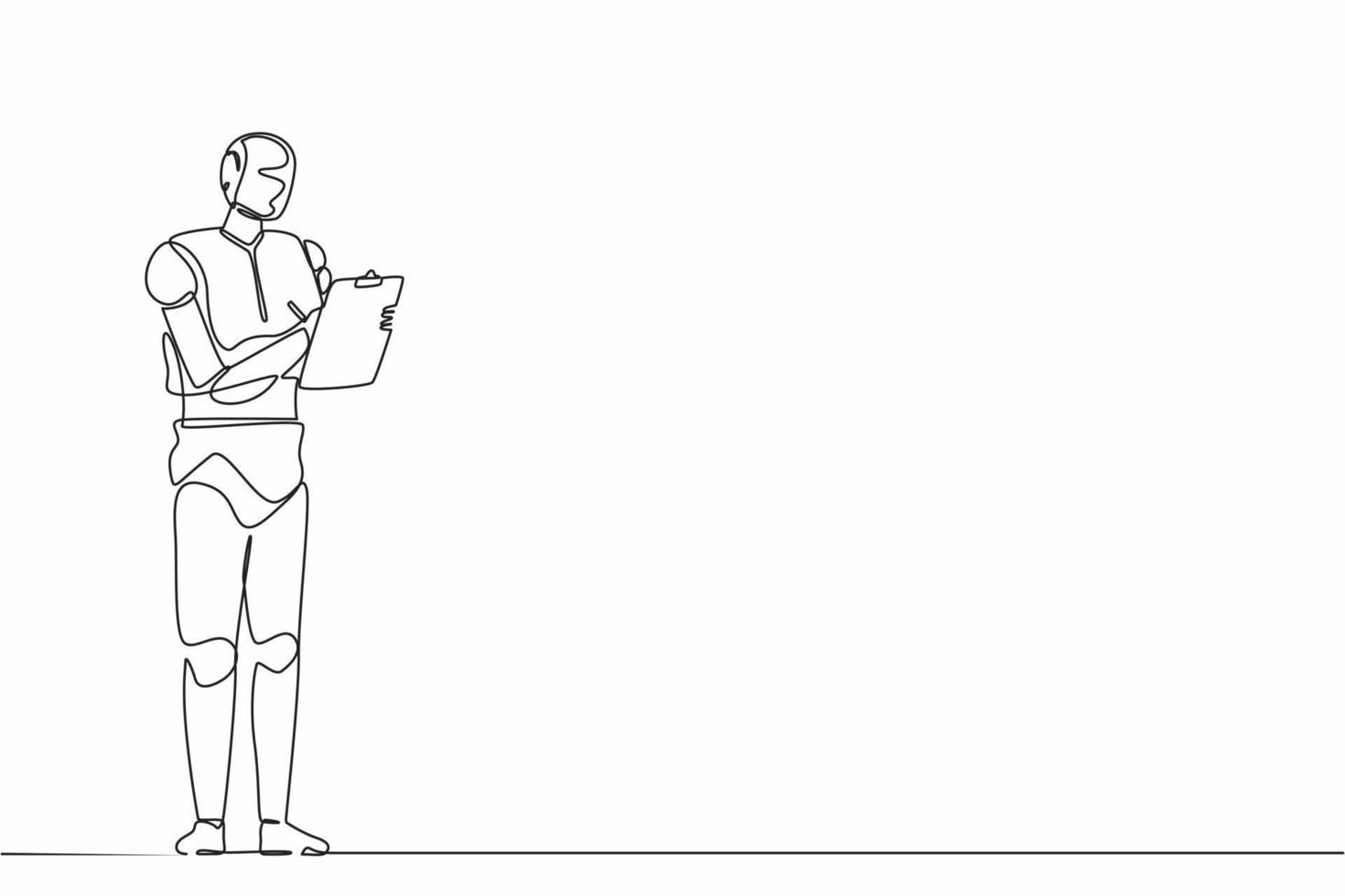 Single one line drawing robot standing and writing on clipboard. Future technology development. Artificial intelligence and machine learning process. Continuous line design graphic vector illustration
