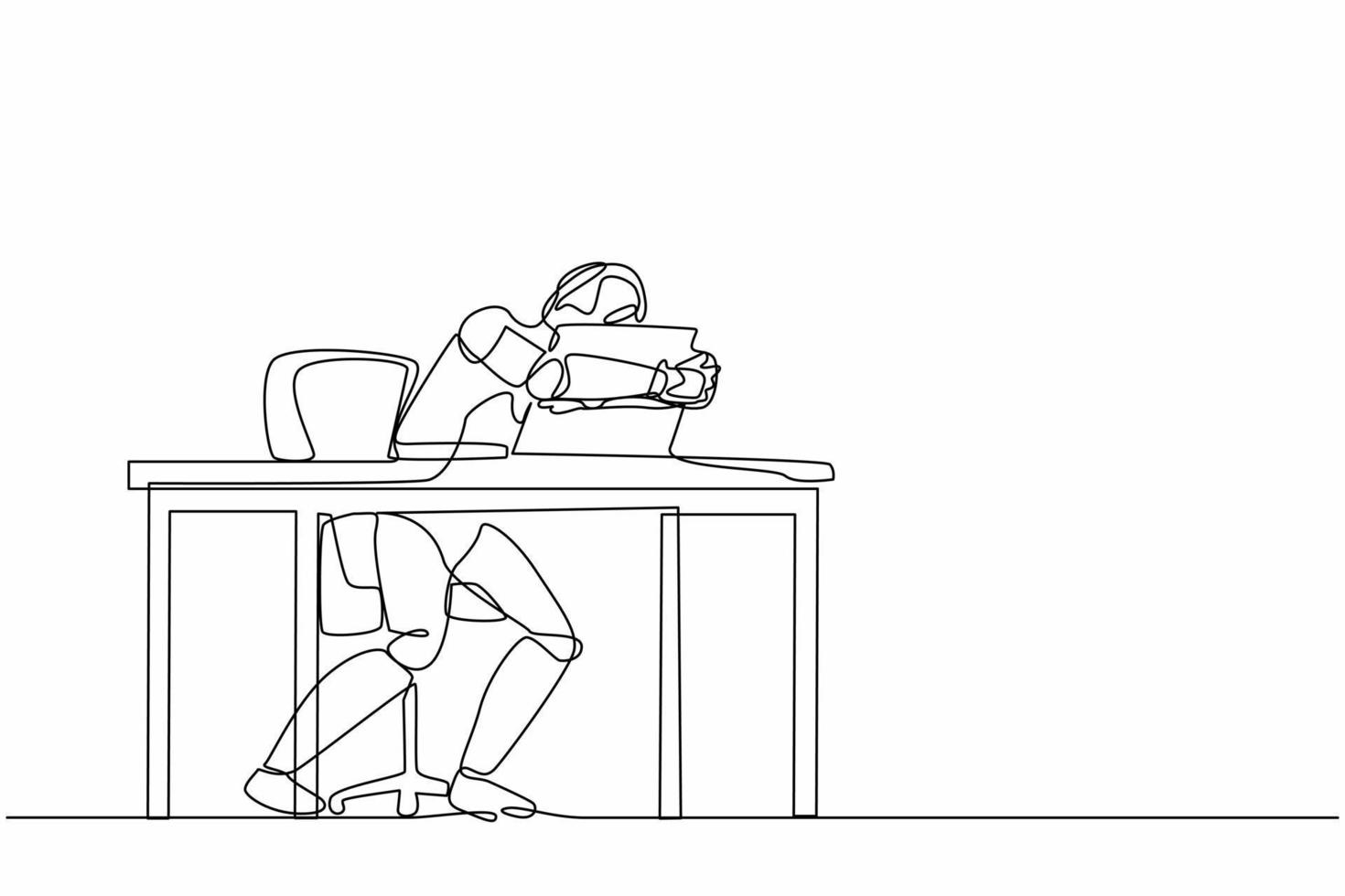 Single continuous line drawing robot sitting and hugging laptop at office. Modern robotic artificial intelligence. Electronic technology industry-. Dynamic one line graphic design vector illustration