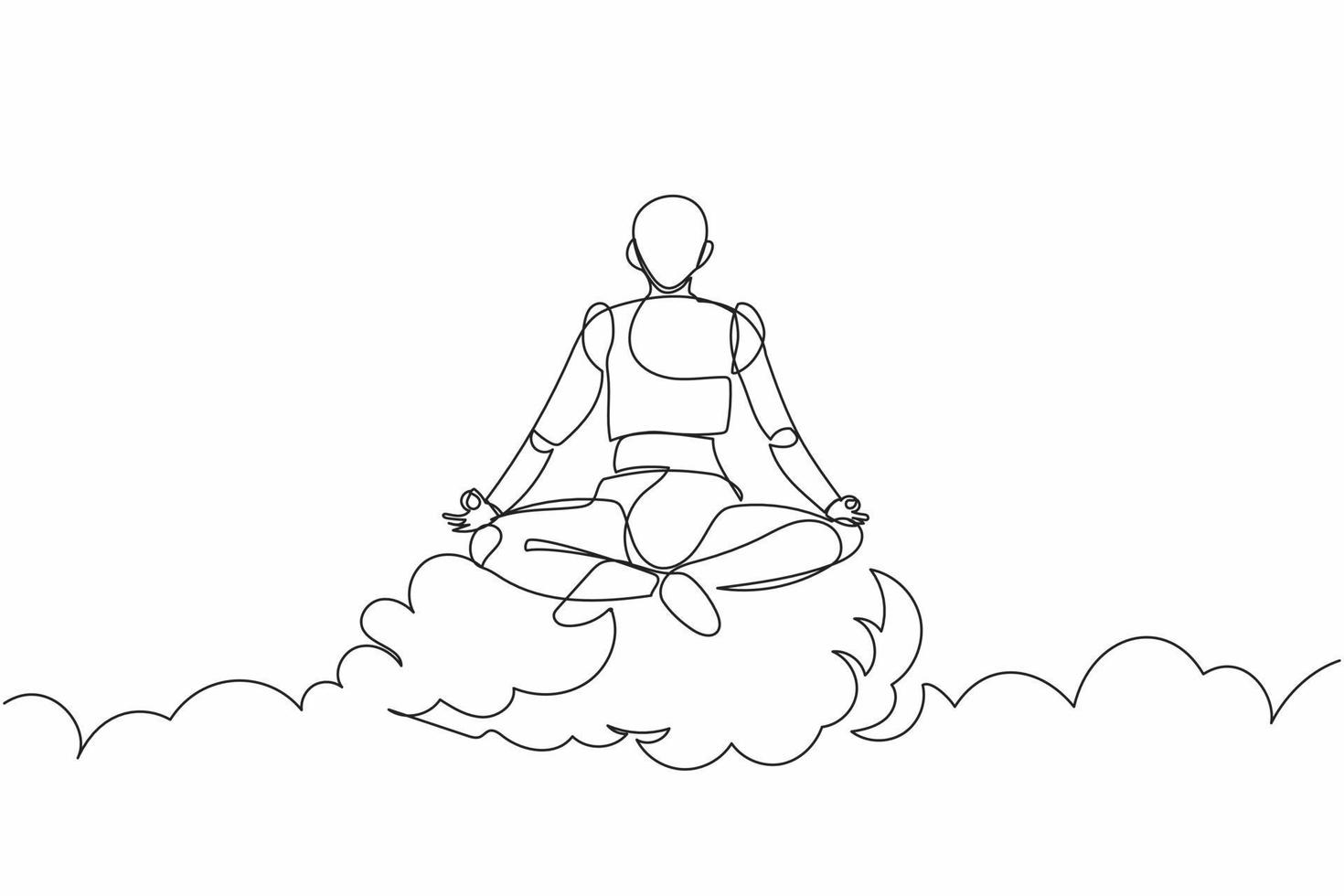 Single continuous line drawing robot meditates and resting in yoga position on clouds. Modern robotic artificial intelligence. Electronic technology industry. One line draw design vector illustration