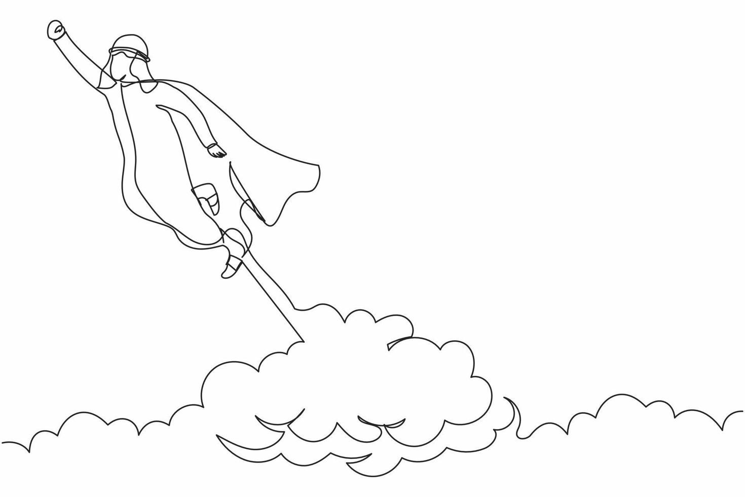 Single continuous line drawing super Arab businessman flying up to the cloud sky. Worker in cloak takes off. Power, uniqueness, start-up business idea. One line draw graphic design vector illustration
