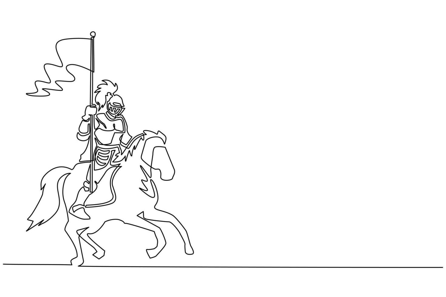 Single continuous line drawing medieval knight on horse carrying flag. Knight mounted in armor riding on horseback on horse holding flag. Ancient fighter. Dynamic one line draw graphic design vector