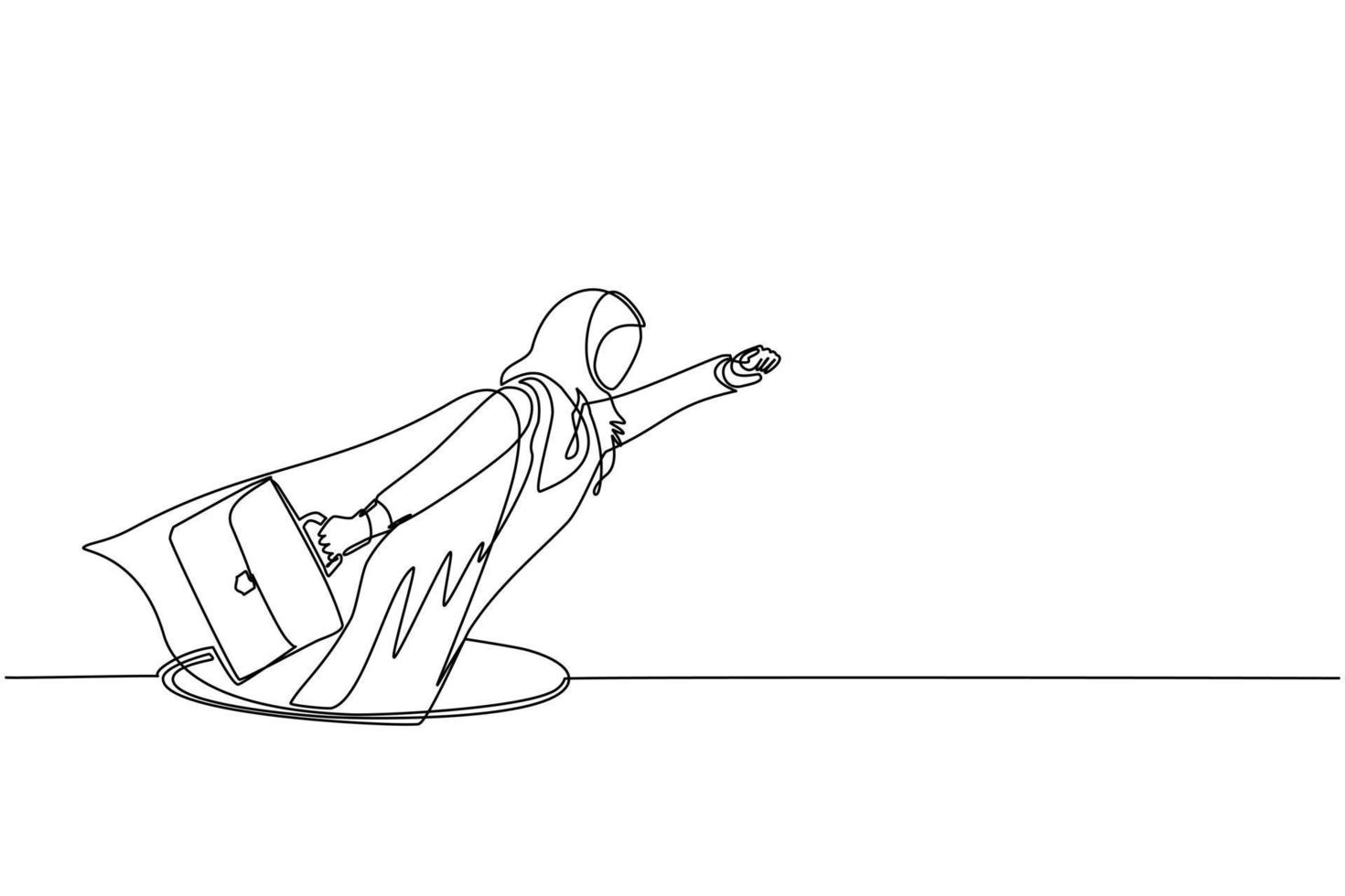 Continuous one line drawing flying Arabian businesswoman with wing and briefcase coming out of holes. Woman leading financial rising from hole. Business growth concept. Single line draw design vector