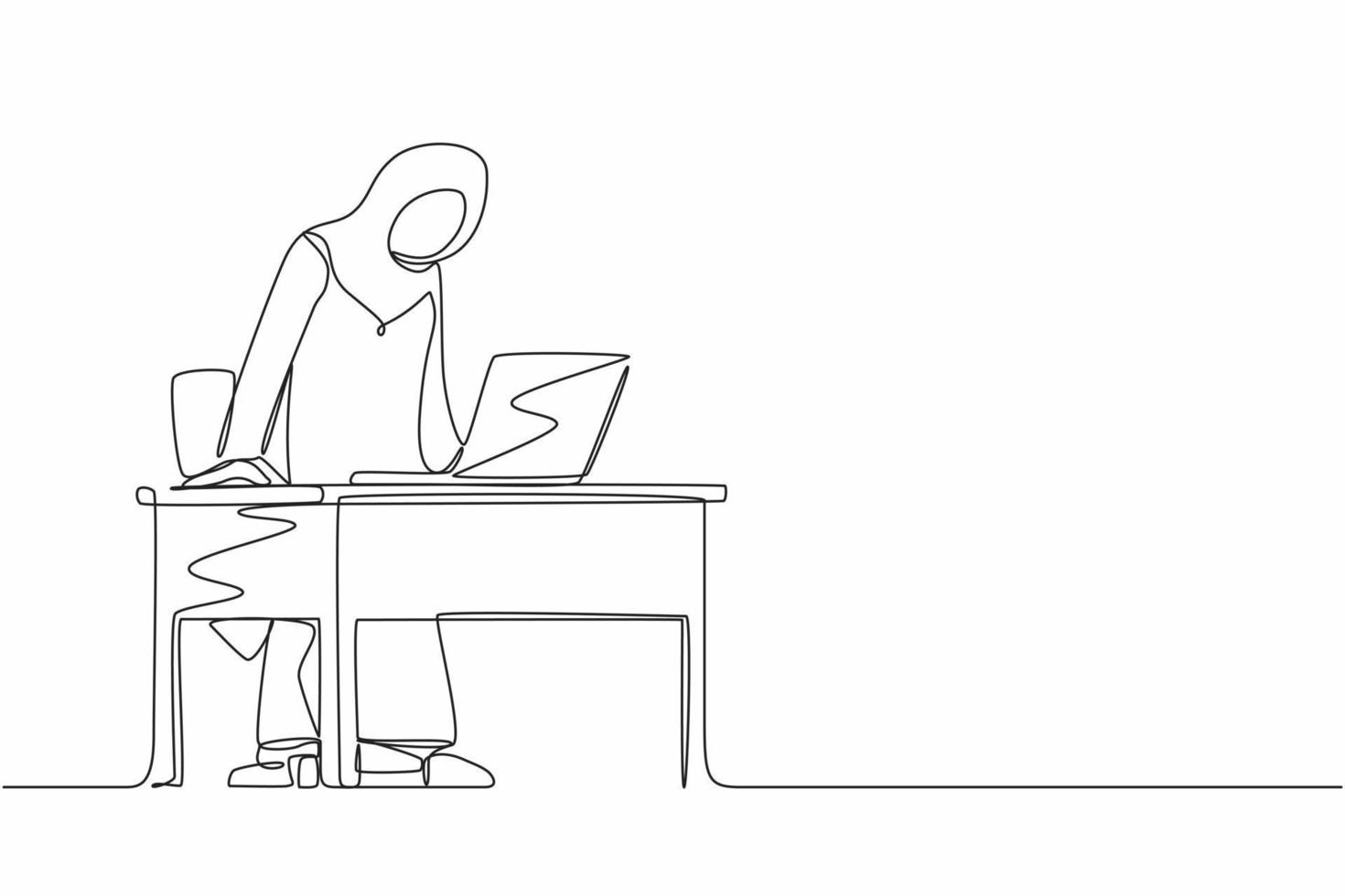 Single one line drawing frustrated and furious Arabic businesswoman shouting and screaming screen laptop on her working desk. Bad workspace emotions. Continuous line design graphic vector illustration