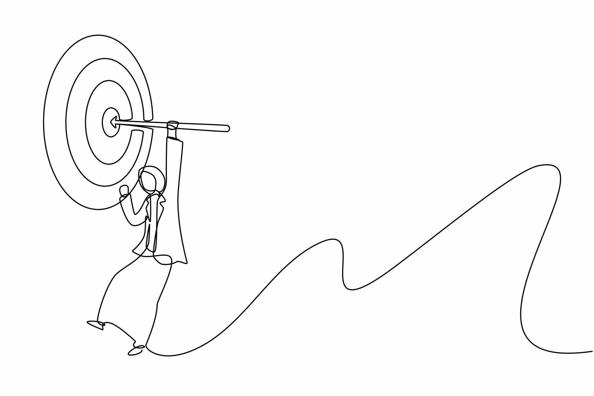 Single one line drawing Arabian businesswoman hanging arrow on target, business success concept