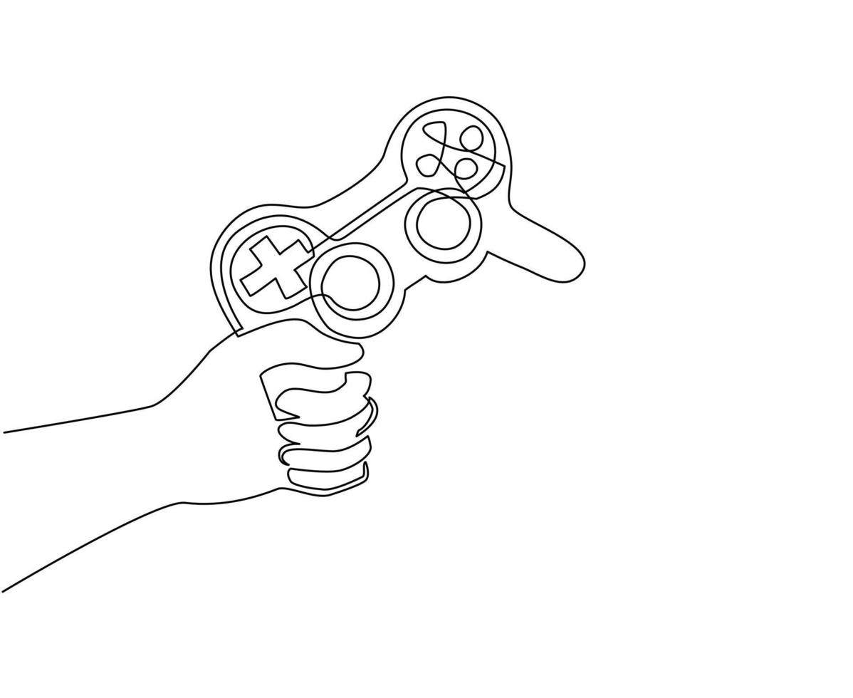 Single continuous line drawing hand holding video game console. Logo template for the gaming community. Players keep their gaming joysticks in their hands. One line draw design vector illustration
