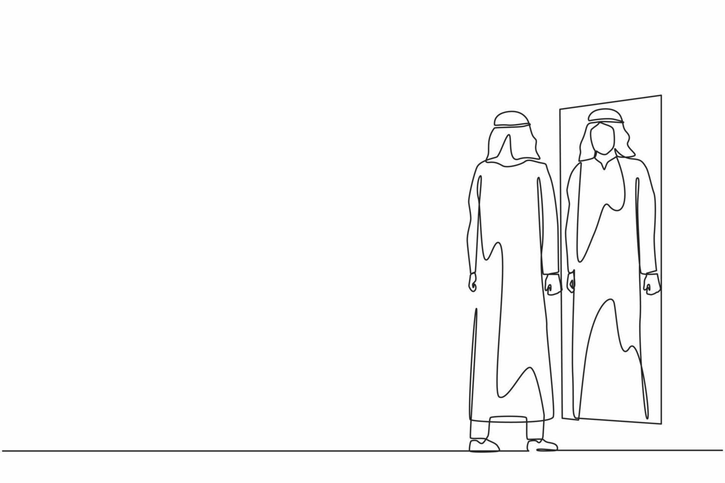 Single one line drawing Arab businessman looks himself in the mirror. Clerk or manager looking at his reflection in mirror and evaluating his attire. Continuous line design graphic vector illustration