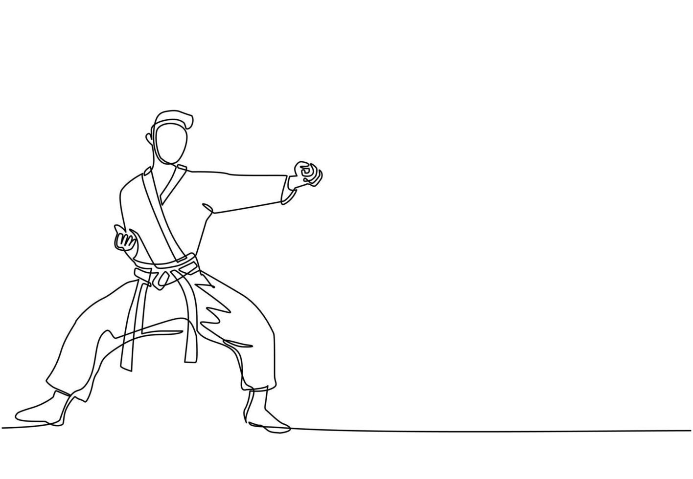 Single one line drawing young talented karateka man train with punch pose for duel fighting at dojo gym center. Mastering martial art sport concept. Modern continuous line draw design graphic vector