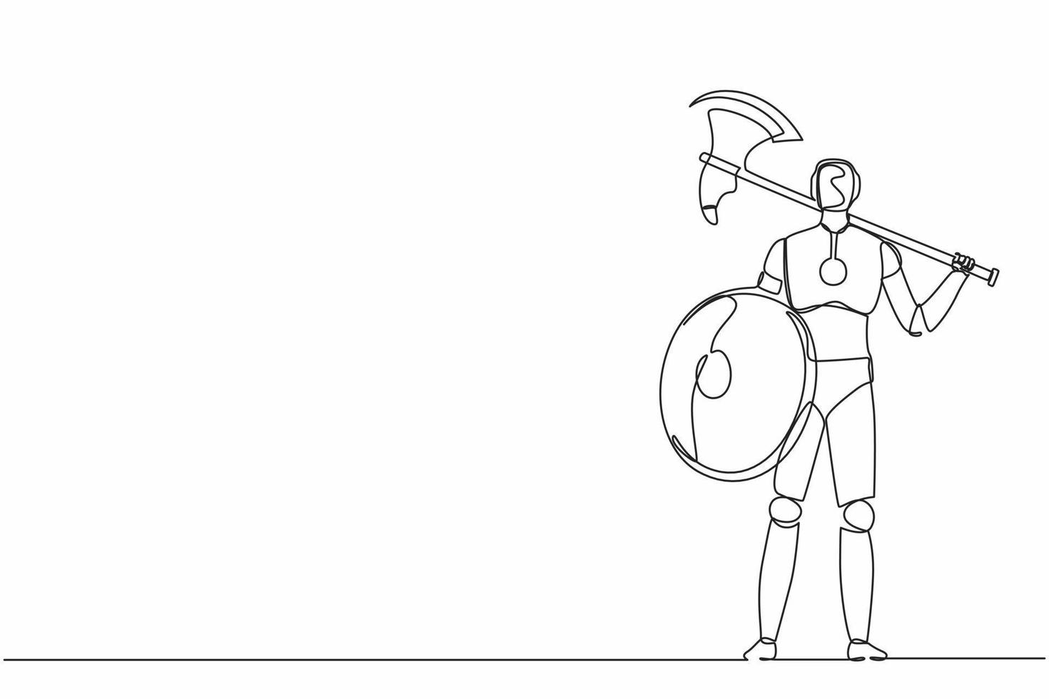 Single one line drawing robot standing holding axe and shield. Future technology development. Artificial intelligence machine learning process. Continuous line draw design graphic vector illustration