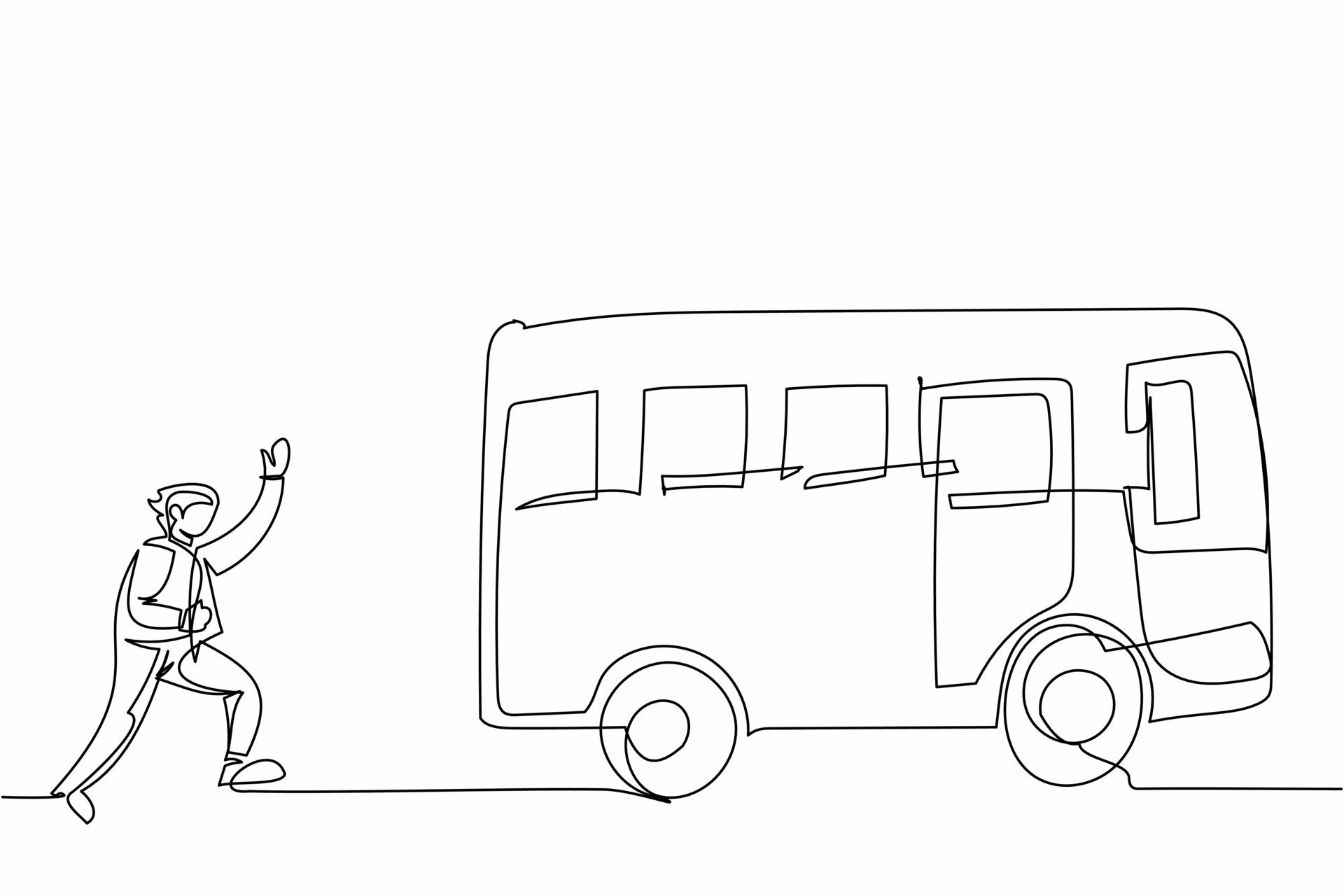 Continuous one line drawing businessman run chasing try to catch bus