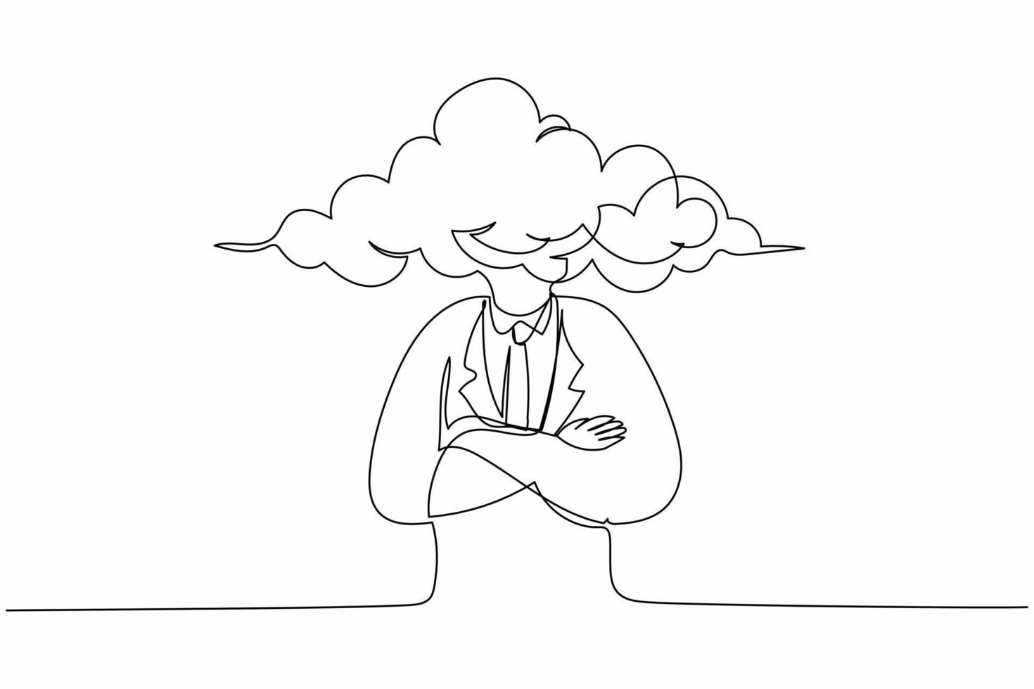 Single continuous line drawing cloud head businessman. Man with empty head and cloud instead. Distracted, daydreaming, absent and impractical concept. One line draw graphic design vector illustration