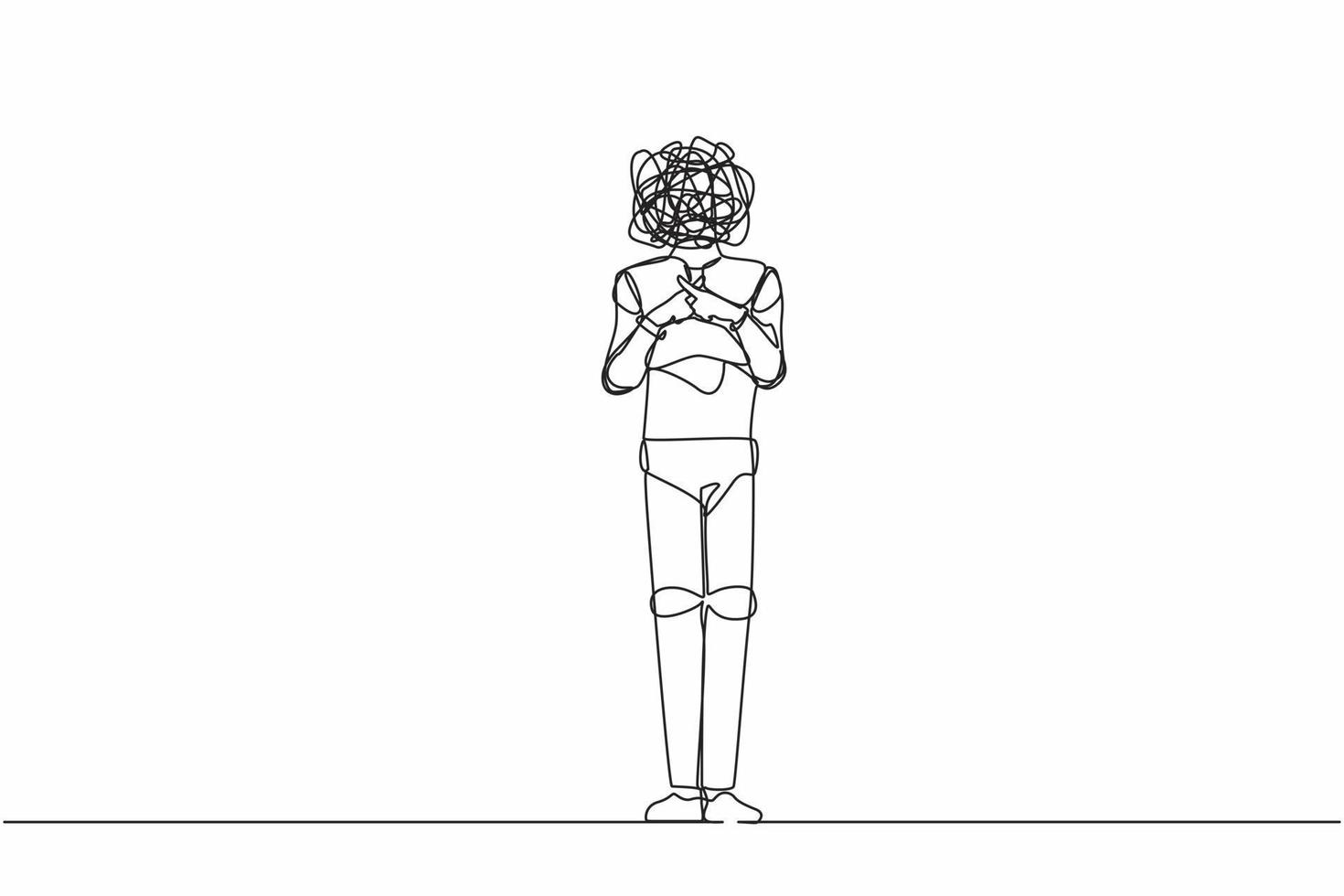 Single one line drawing robot with round scribbles instead of head, standing with crossing fingers forming x. Banned. Say no. Humanoid robot cybernetic. Continuous line draw design vector illustration