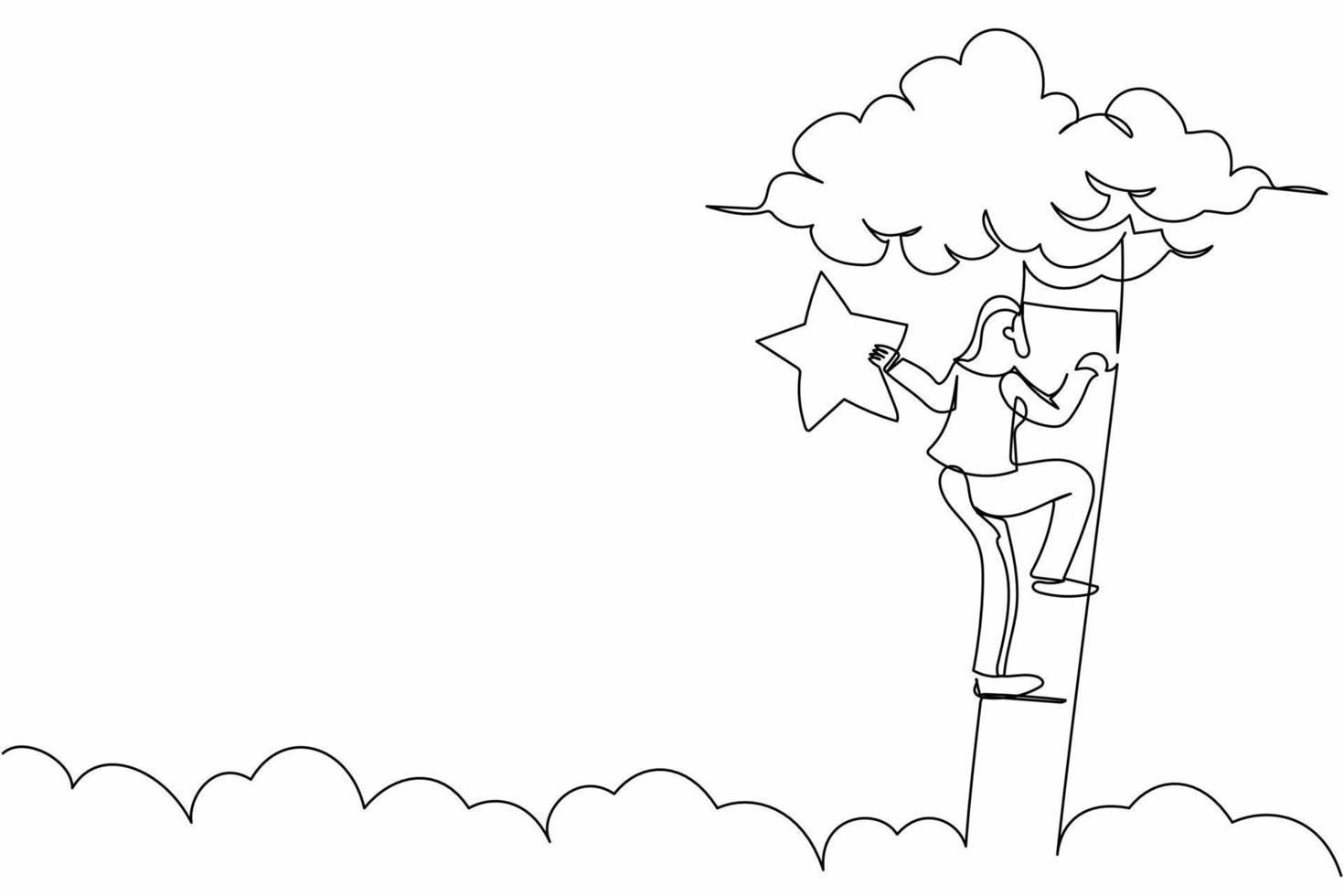 Continuous one line drawing attractive businesswoman standing on stairs and reaching star on sky. Goals and dreams. Business, career, achievement. Single line draw design vector graphic illustration