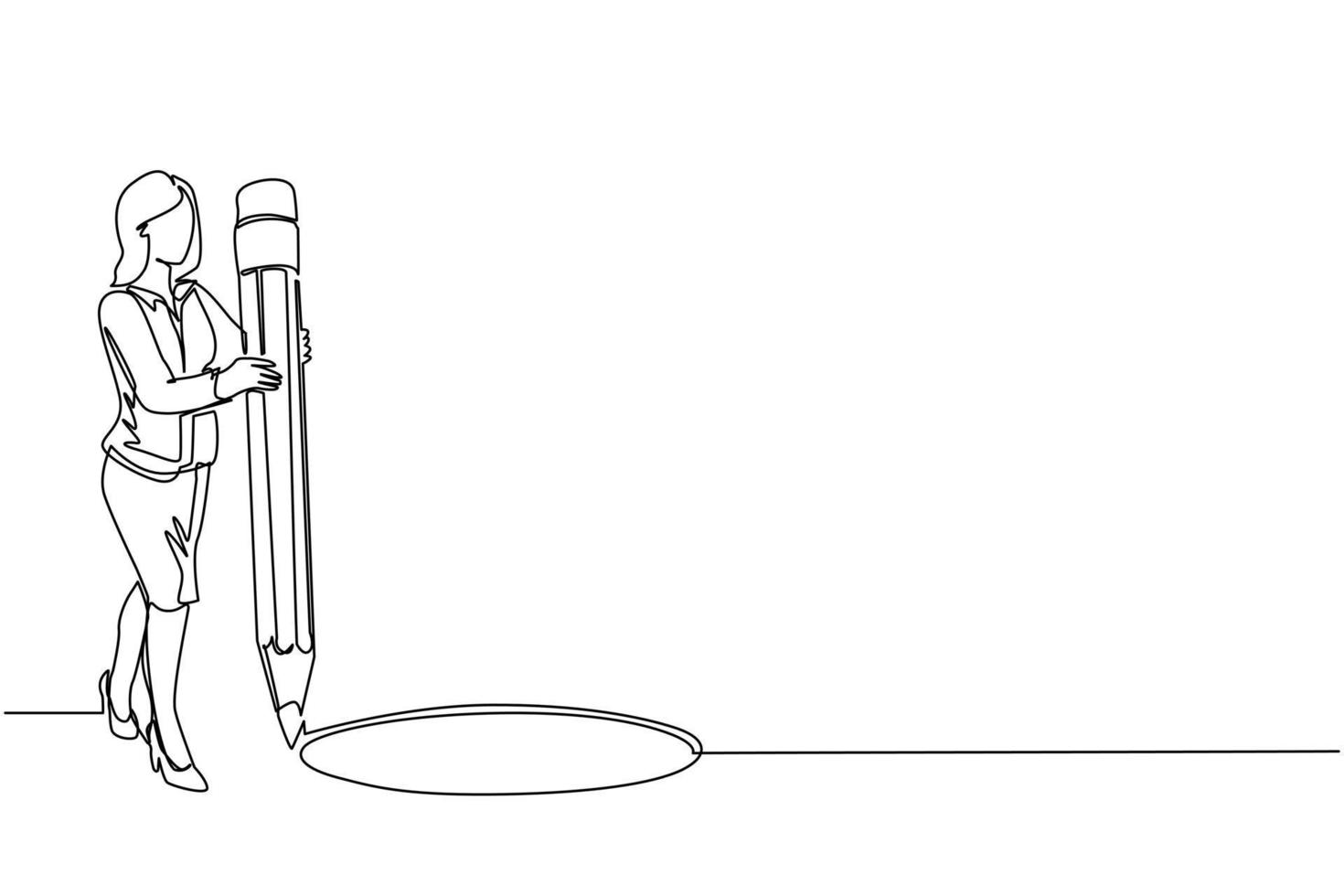 Single one line drawing businesswoman making circle of holes with large pencil. Business cheating. Woman making hole trap. Metaphor. Failure. Defeat. Continuous line draw design vector illustration