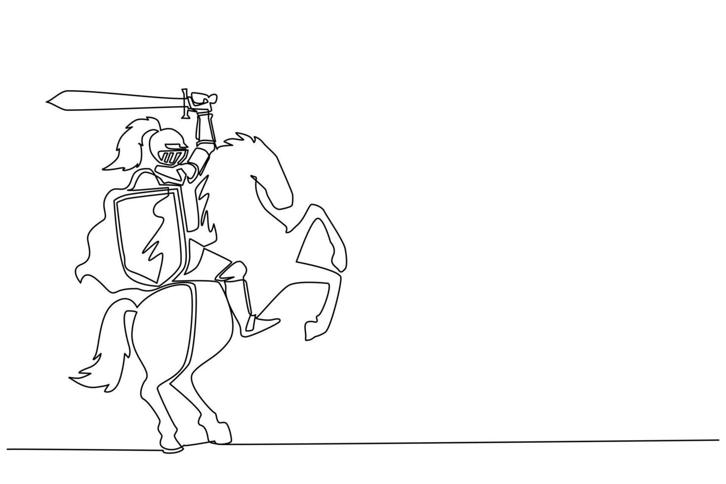 Single continuous line drawing medieval armed knight riding horse. Historical ancient military character. Prince with sword and shield. Ancient fighter. Dynamic one line draw graphic design vector