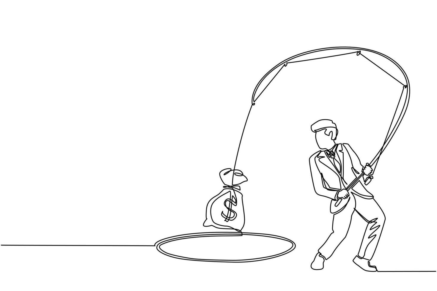 Continuous one line drawing businessman holding fishing rod got big money bag from hole. Man catching money bag with fishing rod. Business concept. Single line draw design vector graphic illustration