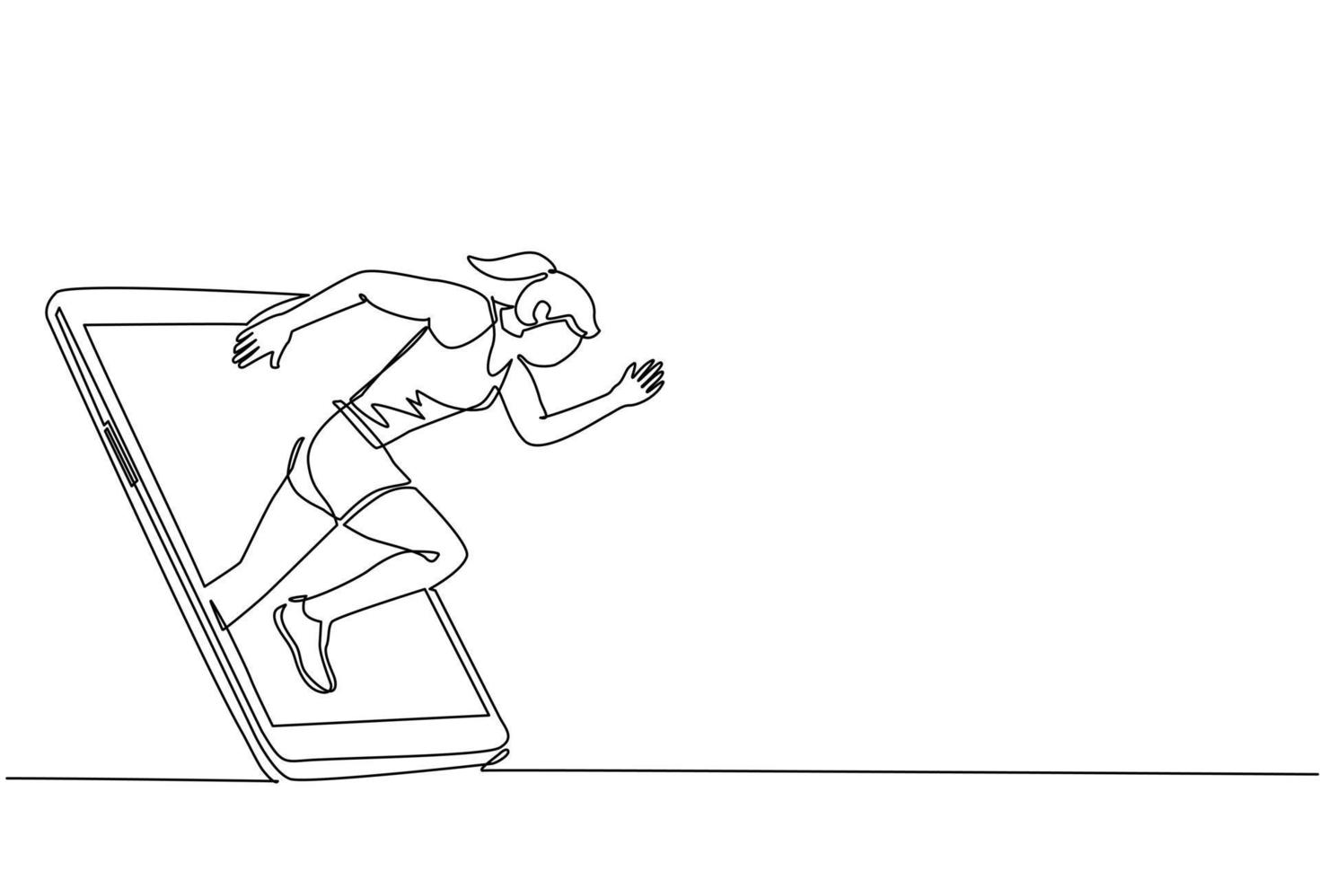 una sola línea de dibujo mujer corredora enfocada practicando para correr rápido saliendo de la pantalla del teléfono inteligente. Partidos deportivos móviles. aplicación móvil de juego de ejecución en línea. vector gráfico de diseño de dibujo de línea continua