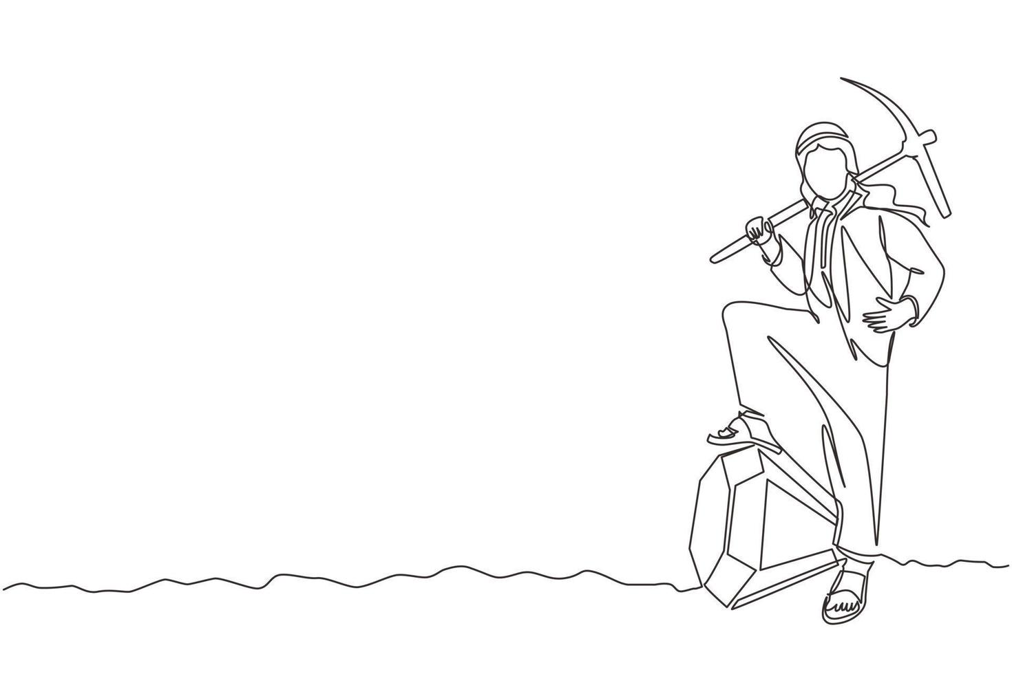 Single one line drawing Arab businessman digging ground with pickaxe and finding big diamond. Success business, achievement, discovery concept. Continuous line draw design graphic vector illustration