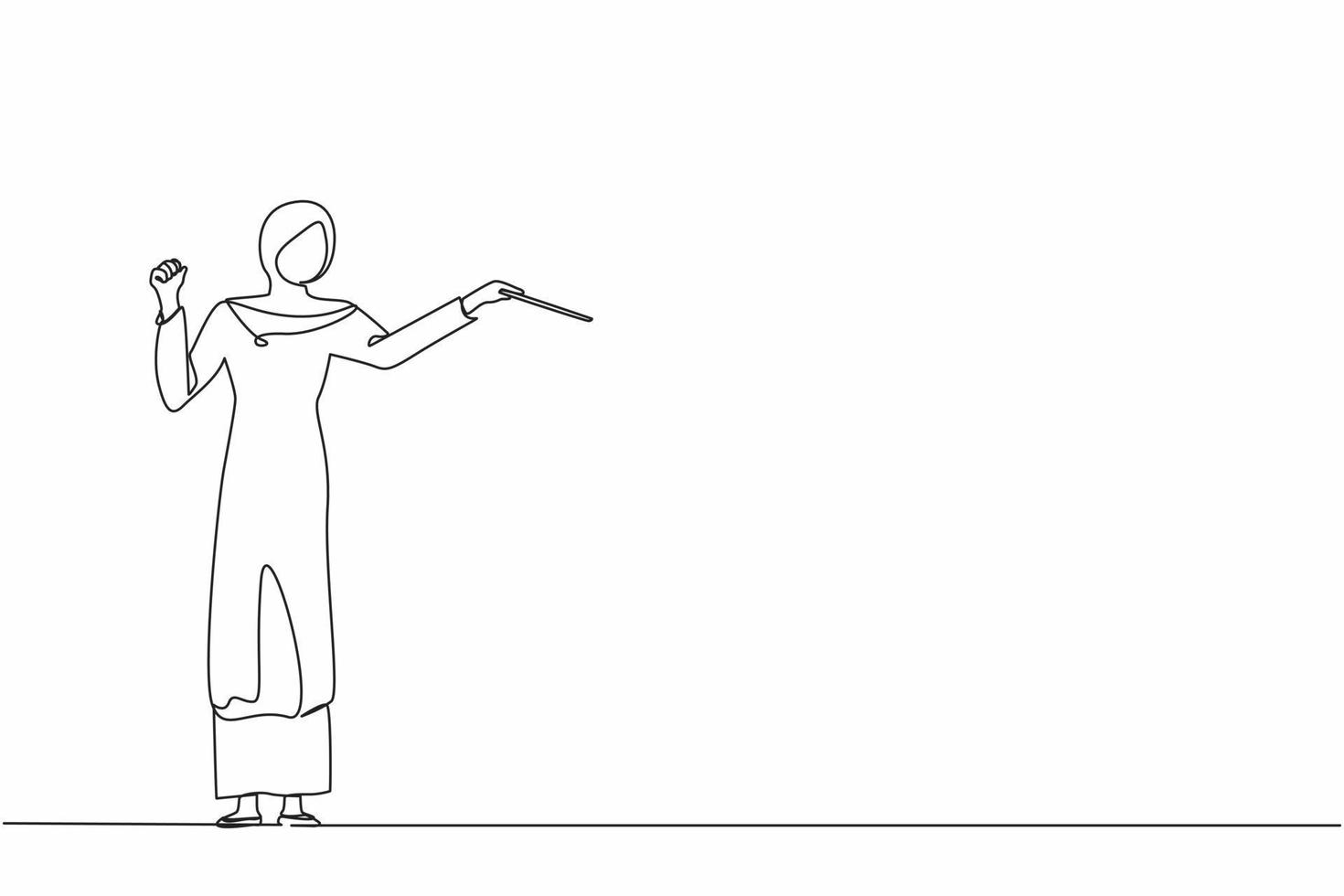 Continuous one line drawing Arab woman music orchestra conductor. Female musician in tuxedo suit with arm gestures. Expressive conductor directs orchestra performance. Single line draw design vector