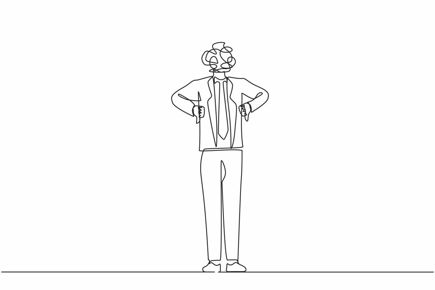 Continuous one line drawing businessman with round scribbles instead of head. Confused male manager standing and showing thumbs down sign. Disagreement, dislike. Single line draw design vector graphic