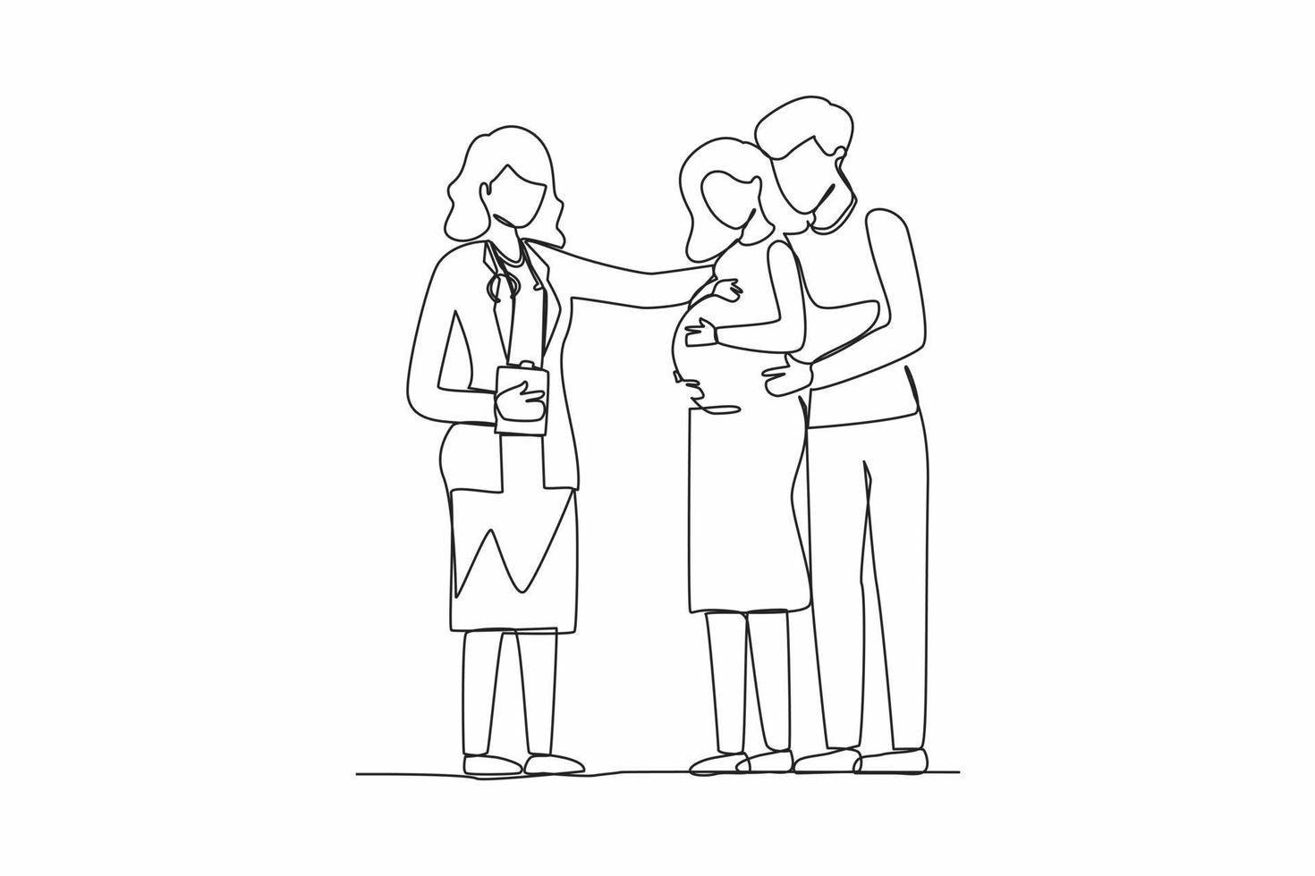 medicina prenatal de dibujo continuo de una línea. linda mujer embarazada con esposo y doctora. trabajador médico en uniforme. consulta, recomendaciones del médico. vector de diseño de dibujo de una sola línea