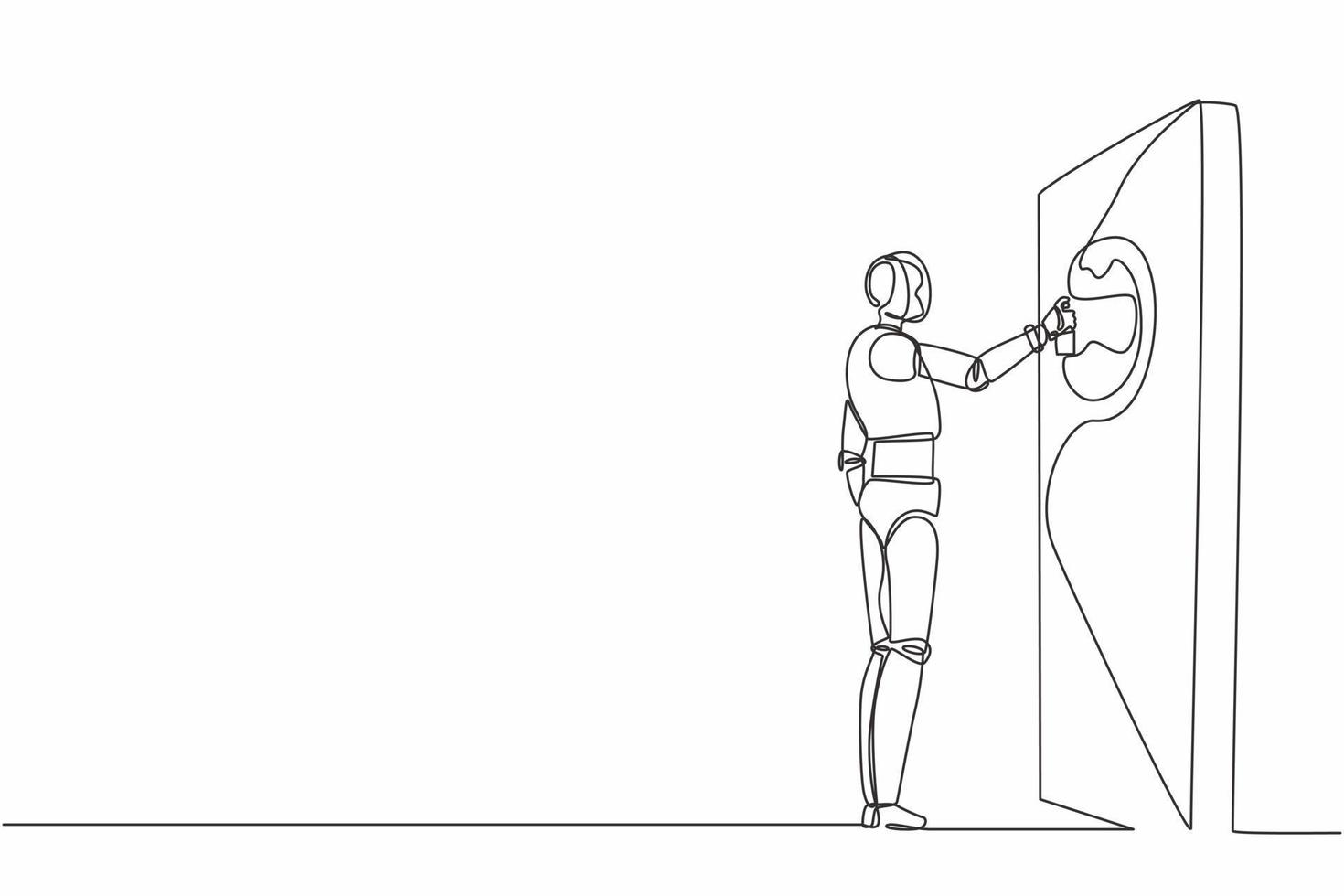 Single one line drawing robot is painting abstract picture on the wall. Future technology development. Artificial intelligence and machine learning. Continuous line design graphic vector illustration