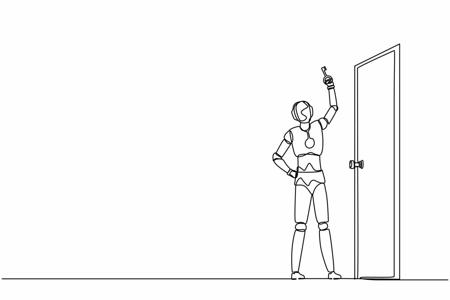 Single one line drawing robot lifting up key in front of door. Future technology development. Artificial intelligence machine learning process. Continuous line draw design graphic vector illustration