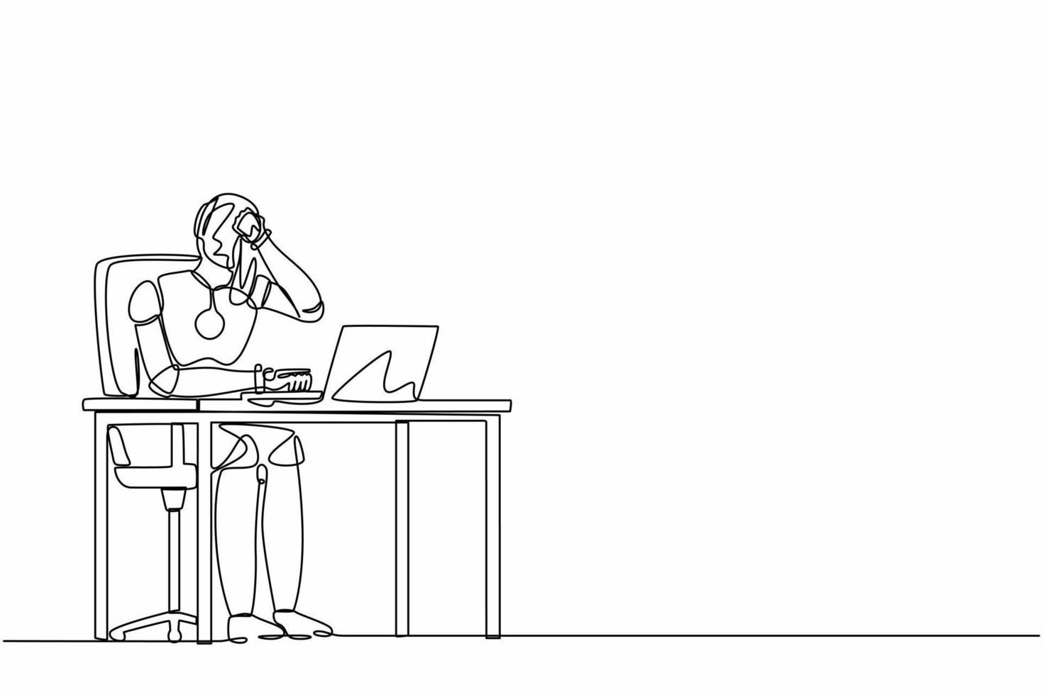 Single continuous line drawing robot employee crying while wiping tears using tissue and staring at laptop. Robotic artificial intelligence. Electronic technology. One line design vector illustration