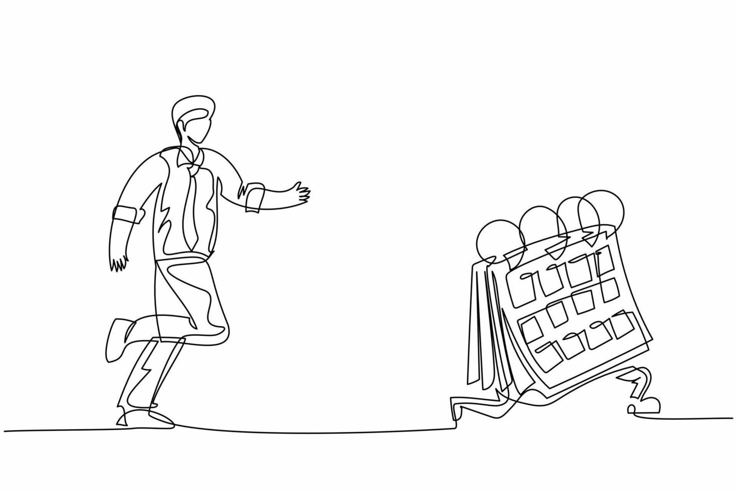 Single continuous line drawing businessman run chasing try to catch calendar. Manager being chased by work deadlines. Running out of time. Business metaphor. One line draw design vector illustration