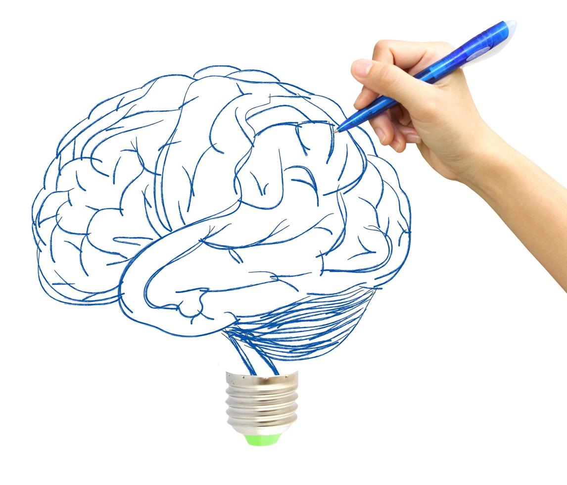 Sketch style illustration of a human brain having an idea photo