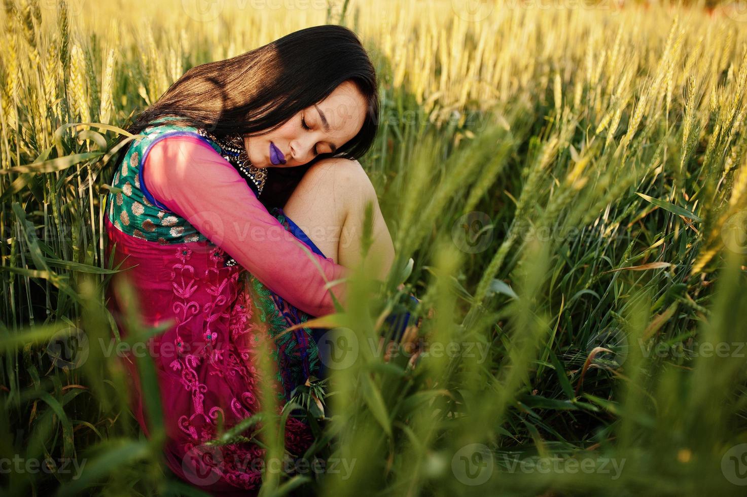 tierna niña india en sari, con maquillaje de labios violetas posada en el campo al atardecer. modelo indio de moda. foto