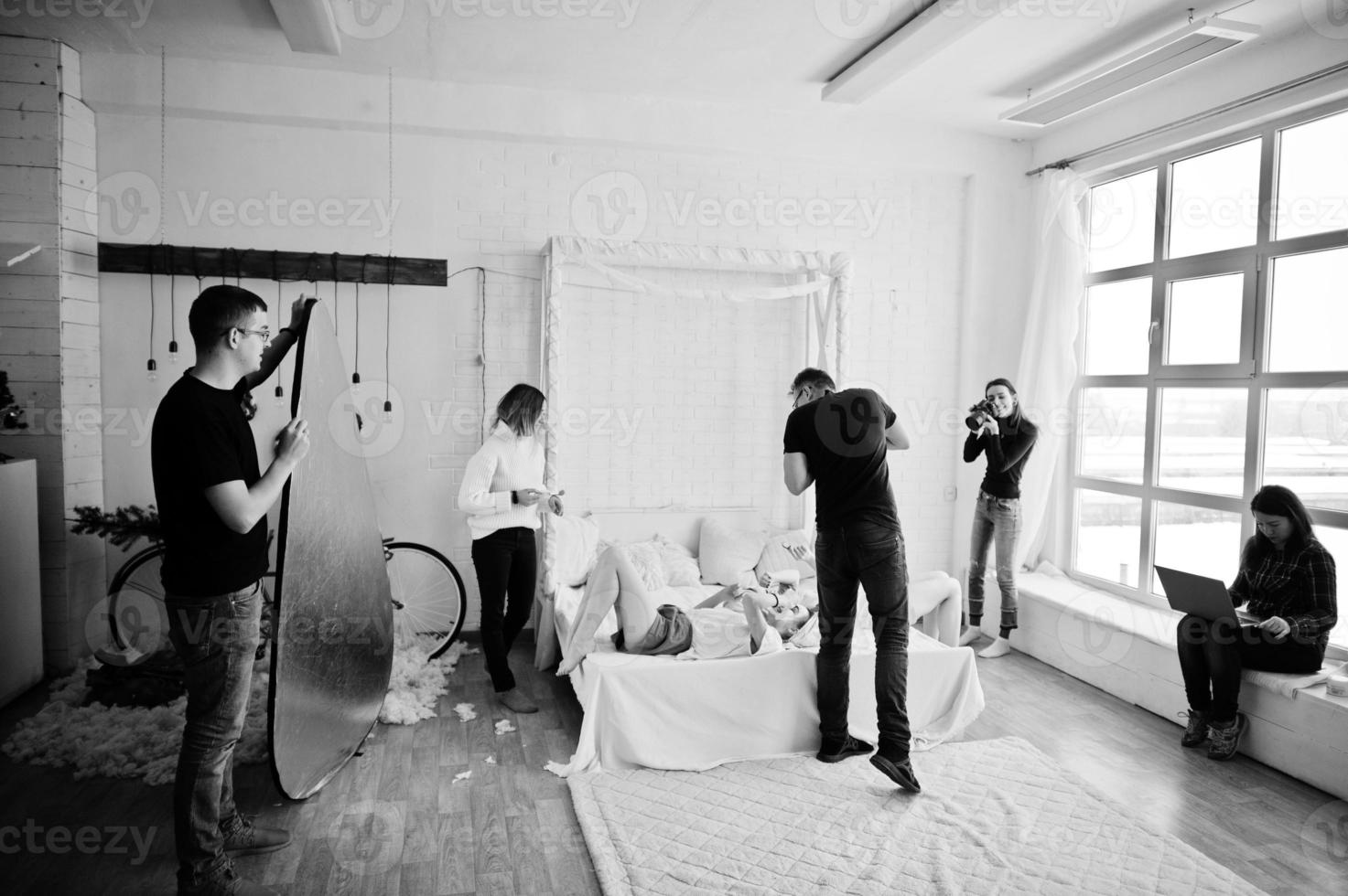 Work process of team photographer, designers and models stuff on photosession, master class of proffesionals. photo