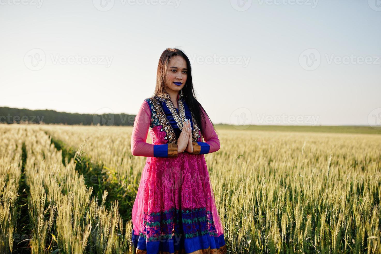 Tender indian girl in saree, with violet lips make up posed at field in sunset. Fashionable india model. photo