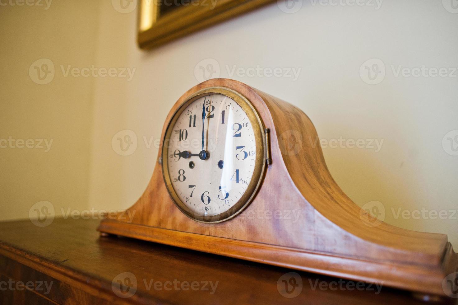 Close-up photo of clock on the wooden surface.