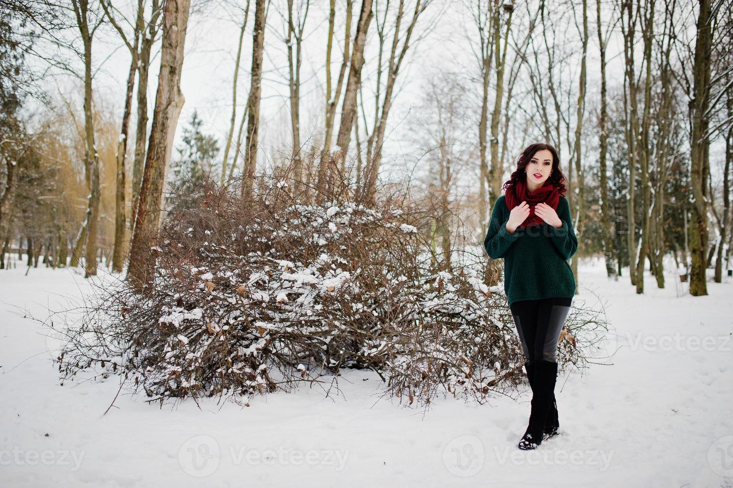 chica morena en suéter verde y bufanda roja al aire libre en el día de invierno por la noche. foto