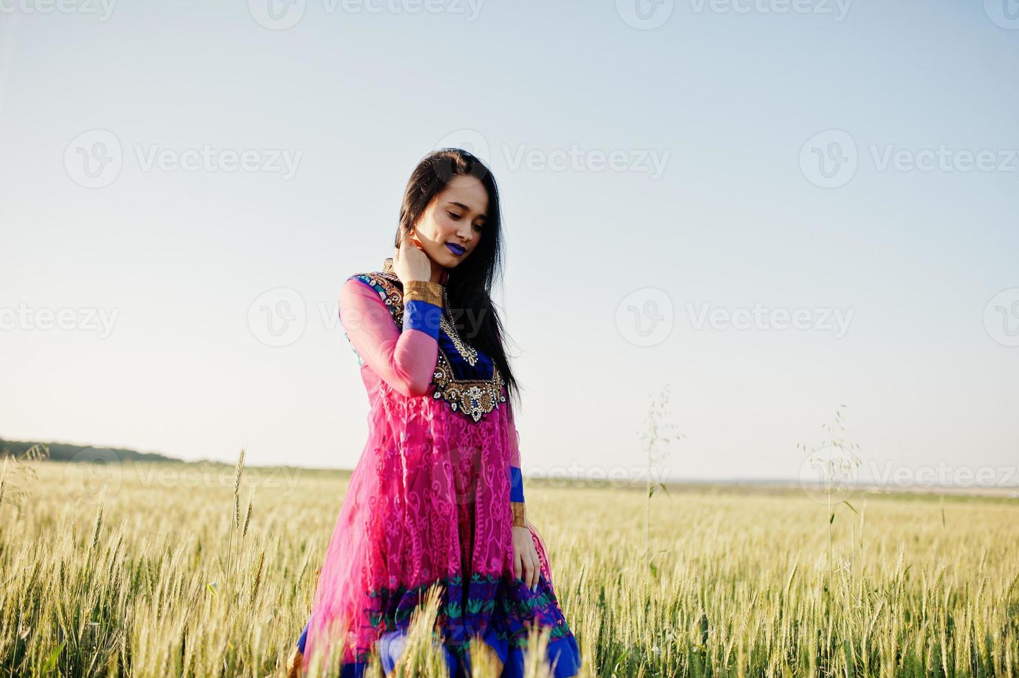 Tender indian girl in saree, with violet lips make up posed at field in sunset. Fashionable india model. photo