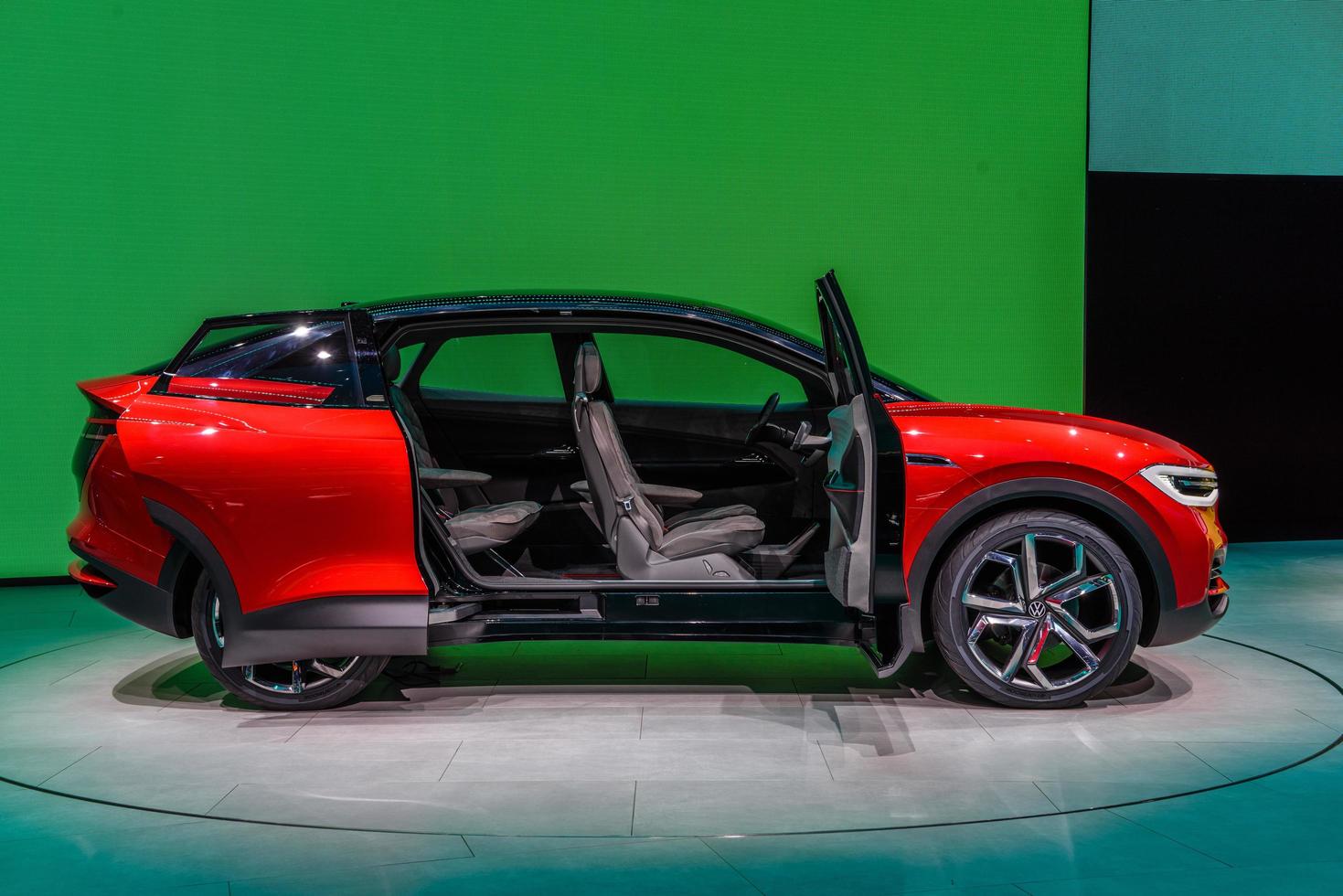 FRANKFURT, GERMANY - SEPT 2019 red VOLKSWAGEN VW I.D. CROZZ is an electric SUV concept car based on Volkswagen's electric MEB platform, IAA International Motor Show Auto Exhibtion photo