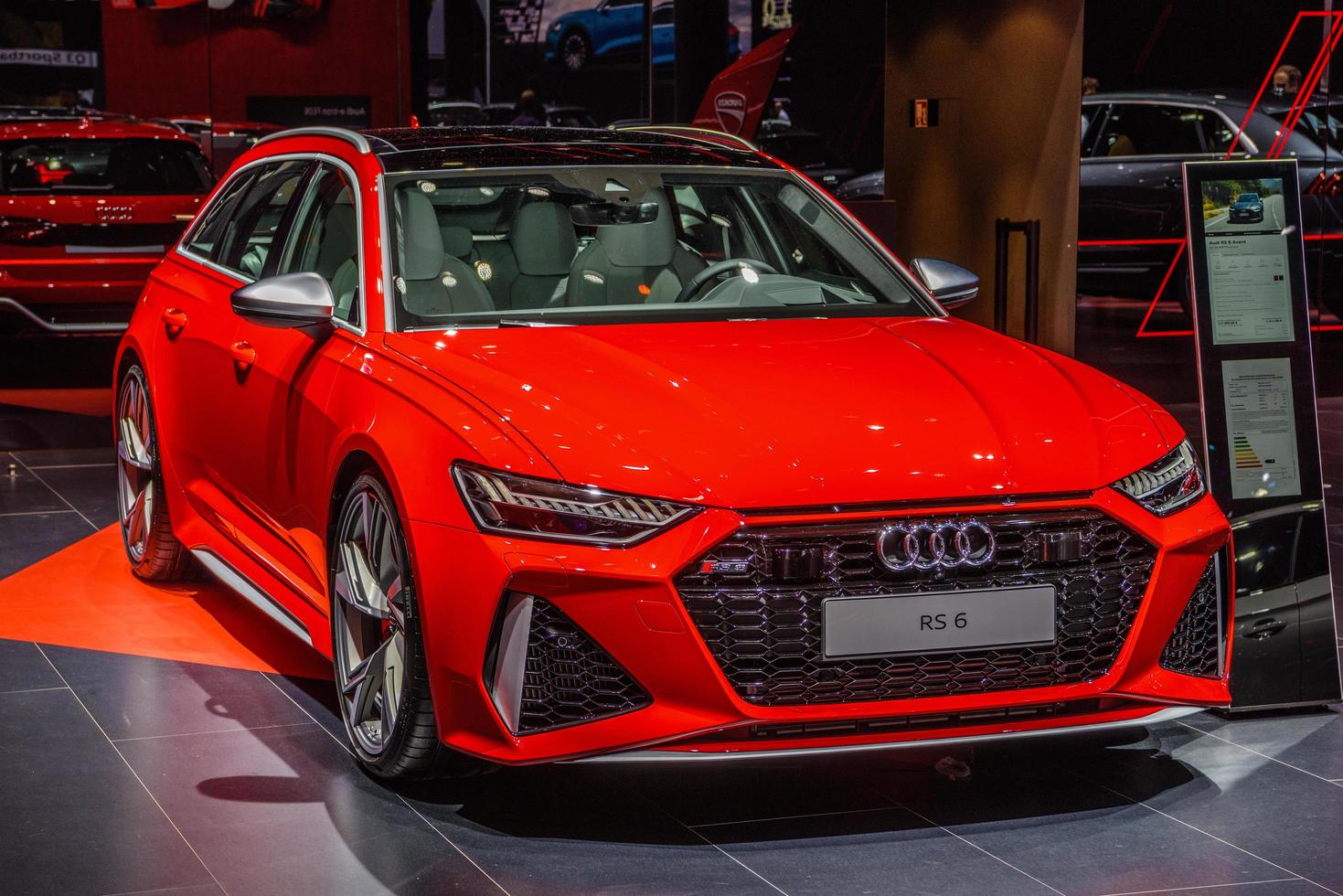 FRANKFURT, GERMANY - SEPT 2019 red AUDI RS6 AVANT C8 estate wagon combi family car, IAA International Motor Show Auto Exhibtion photo