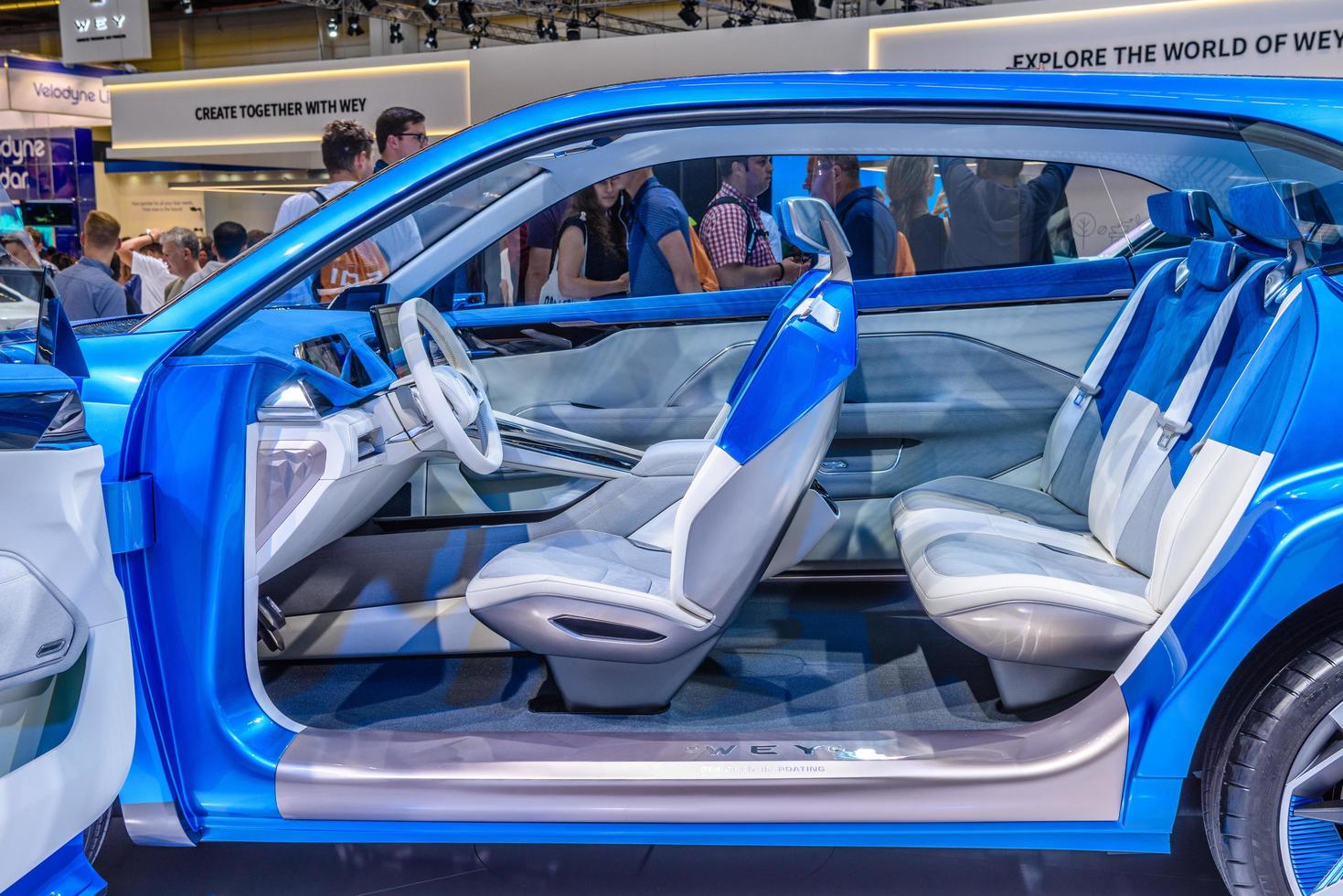 FRANKFURT, GERMANY - SEPT 2019 white interior of blue Great Wall Motors WEY-S Concept electric SUV Car, IAA International Motor Show Auto Exhibtion photo