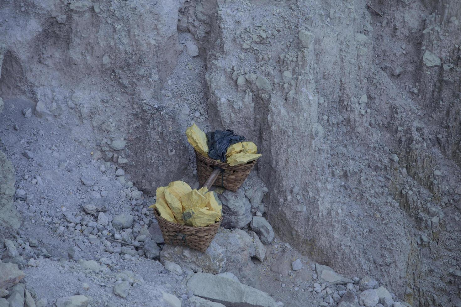 Baskets with sulphur at Kawah Ijen volcano crater, Java, Indonesia photo